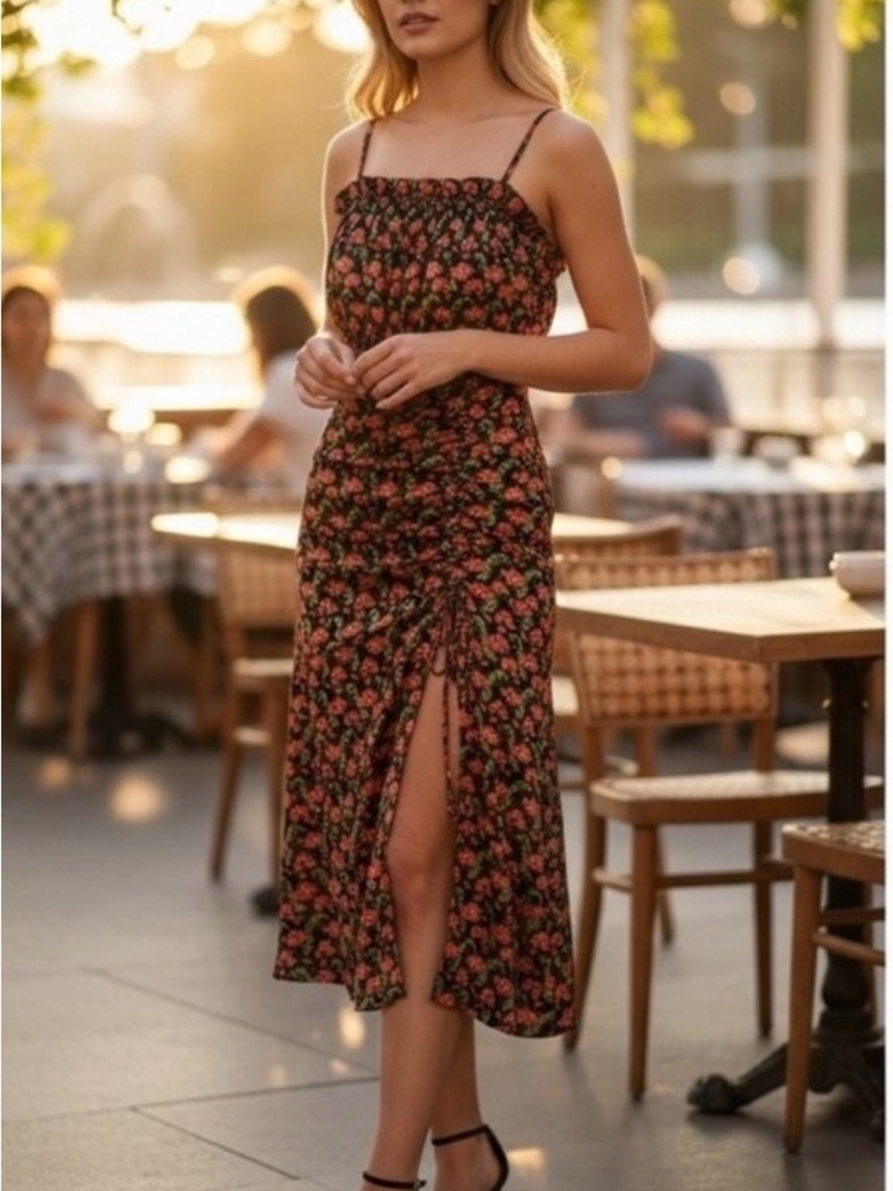 Elliat Regal Cinched Strap Ruffled Neck Midi Dress Floral Print Side Slit Large